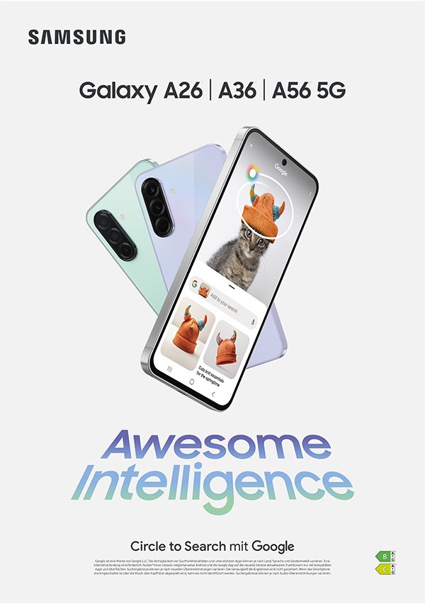 Samsung Werbeplakat mit Galaxy A26, A36, A56 5G